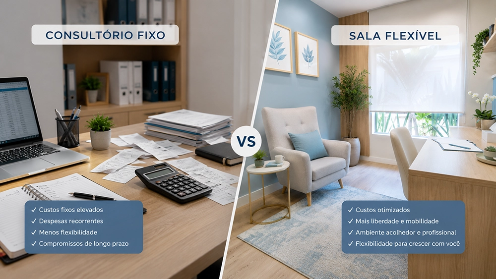 Comparação entre consultório fixo e sala por hora para atendimento profissional